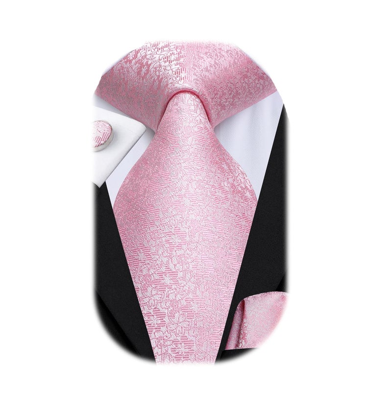 Dubulle Mens Tie Set Solid Paisley Silk Striped Necktie for Men with Cufflinks Tie and Pocket Square,A Light Pink - Image 1